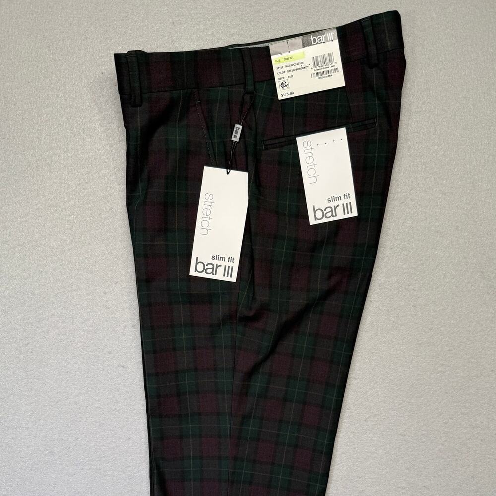 Bar III Men's Slim-Fit Wool Blend Stretch Dress Pants Green/Burgundy 30x32 $175